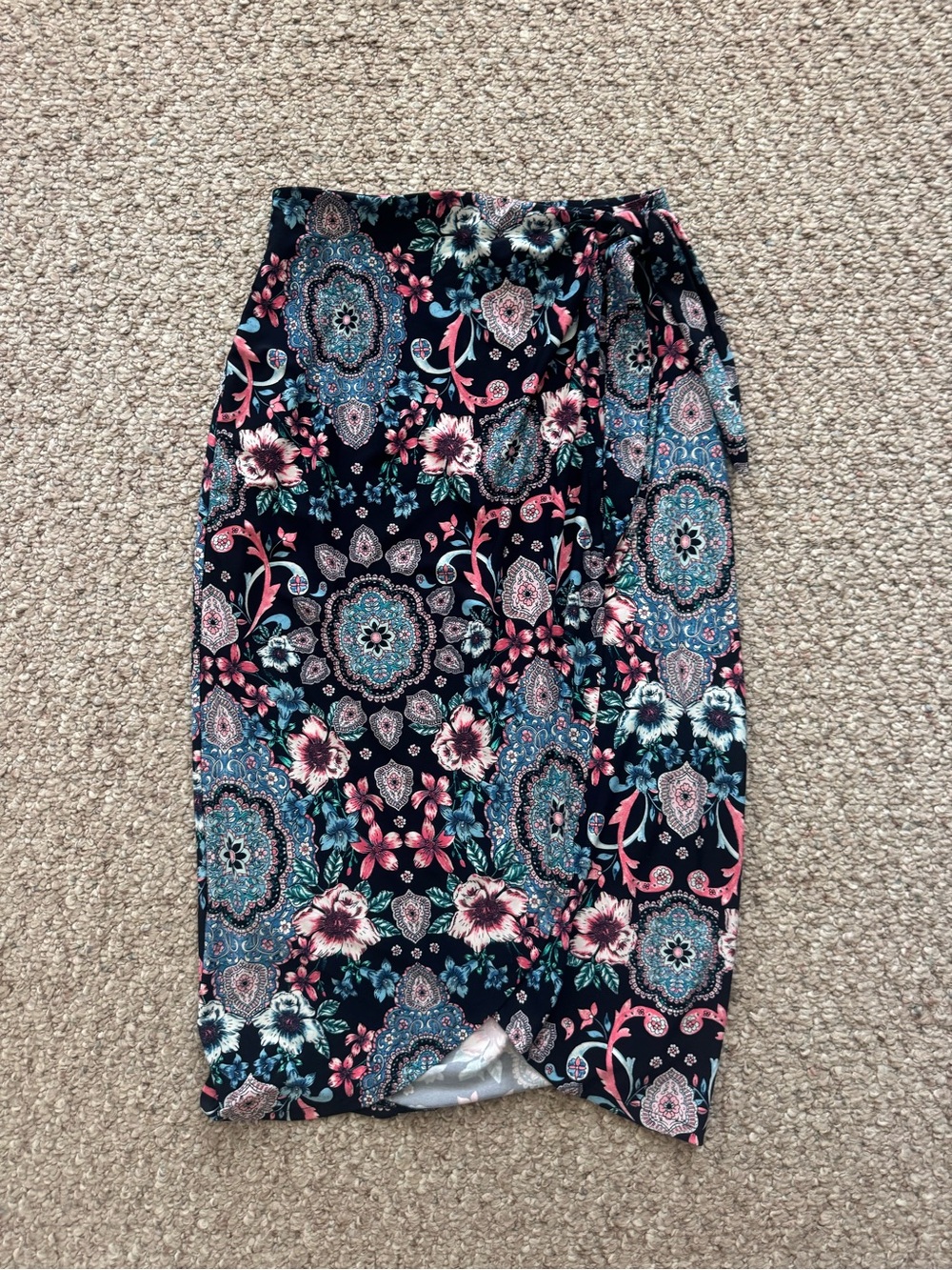Roz & Ali Navy Floral Paisley Wrap-Front Pencil Skirt with Pink Accents
